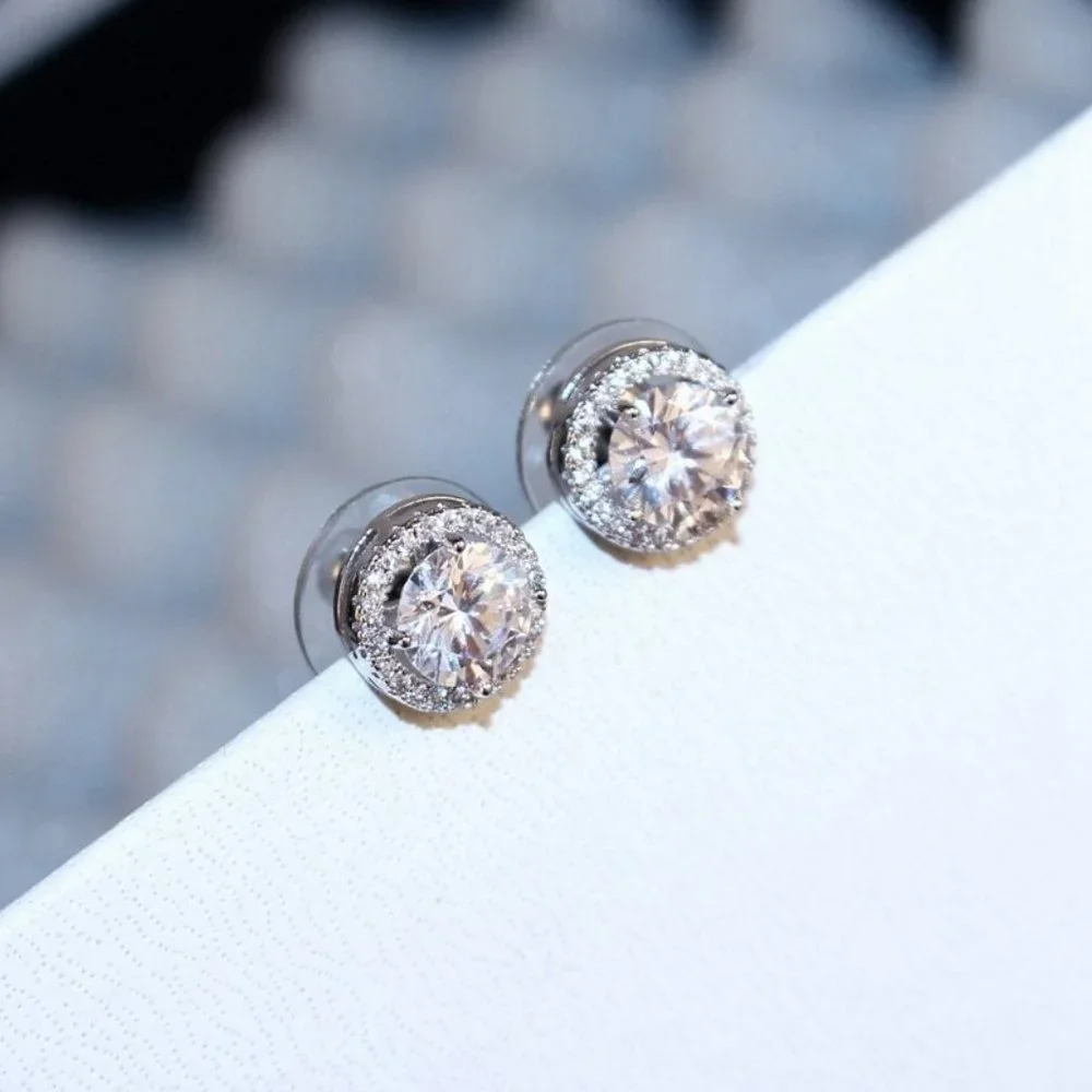 NEW Brilliant Cut Round Diamond Halo Silver Stud Earrings